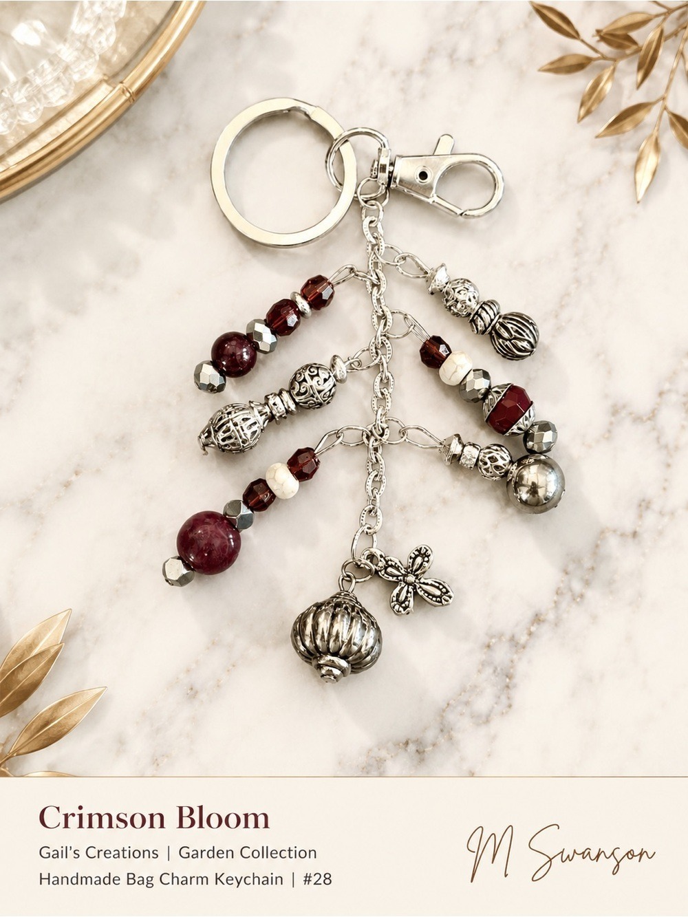 NEW One of a Kind Crimson Bloom Handmade Beaded Bag Charm Keychain (#28)